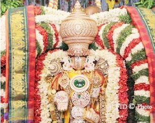 his festival is celebrated in the month of May. The artistically decked Parinayotsavam Mandapam in the Narayanagiri gardens is the venue of the celestial wedding of Lord Srinivasa and Goddess Padmavathi. This three - day annual festival is performed in the evening under the moon light. In this colorful ceremony conducted on Navami, Dasami and Ekadasi in the month of Vaisakha, Sri Malayappaswami, the festival deity of Lord Venkateswara, arrives in style on Gaja, Aswa and Garuda Vahanas on each of the respective days, while Sridevi and Bhudevi arrive on separate palanquins. Every day after the wedding in the Parinayotsava Mandapam, 'Koluvu' is held. After reciting the vedic hymns and singing the devotional songs, Lord along with Sridevi and Bhudevi return to the temple. On the first day on the arrival of Lord Sri Malayappa Swami celestial Gaja Vahanam, and His two consorts, Goddess Sridevi and Goddess Bhudevi on separate palanquins. This divine wedding ceremony takes place as per the Hindu marriage traditions in an interesting manner. As a part of this, the Lord is seated inside the finely decorated Parinaya Mandapam, while His two consorts on the opposite side. Edurukolu(Receiving each other), (Pula Bantata) Game of Flower Balls, Vastra Dharanam(offering of new clothes) are traditionally conducted. The same process will take place on all the three days. At the end of this grand divine marriage, firing of crackers adds additional glamour to the entire ceremony. After completion of wedding ceremony Lord Malayappa swami along with Sridevi and Bhudevi as procession return to main temple.
